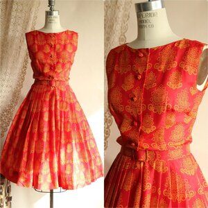 Vintage 1950s 1960s Dress with Belt, Dynasty Silk Red and Gold Sundress,